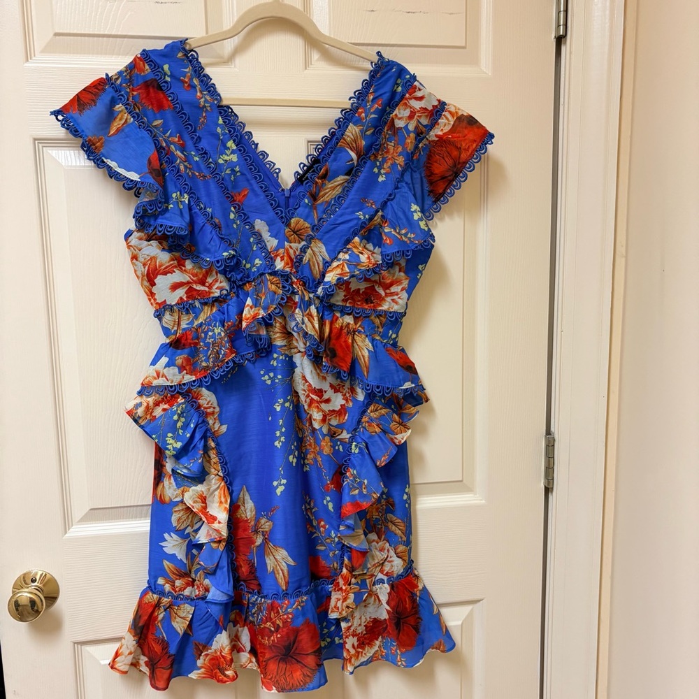Karen Millen Blue Floral Dress with Orange Accents